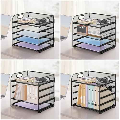 Paper Organizer Letter Tray with Handle Mesh 5 Trays Desk File Organizer Paper Sorter Desk Organizer for Office, Home or School-Black 2 Pack