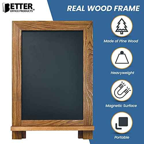 Better Office Products Framed Tabletop Chalkboard Sign, 9.5" x 14", Rustic Wood Frame, Small Magnetic Chalkboard, Built-in Ledge and Folding Stand, One White Chalk Marker Included,(Rustic Brown)