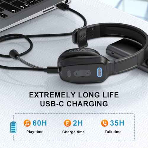 Bluetooth Headset, 60hrs Noise Canceling V5.2 Over Head Headphones, Single Ear Trucker Wireless Headset with Mic, Mute Button, Multipoint, for Phones PC Computer Truck Driver Office Work - Black