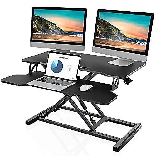 FITUEYES Height Adjustable Standing Desk 32¡± Wide Sit to Stand Converter Stand Up Desk Tabletop Workstation for Dual Monitor Riser FSD308001WB