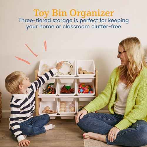 ECR4Kids 3-Tier Organizer with 9 Bins, Toy Storage, Dark Natural/White