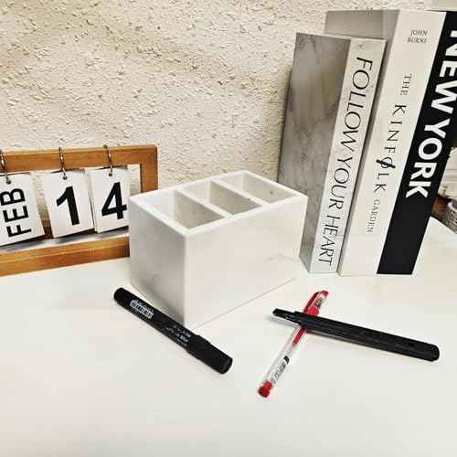 Marble Pen Holder, White Stone, Rectangular Desktop Organizer for Office Study (white 3 layer)