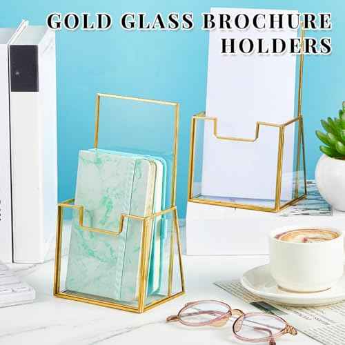 2 Pcs Gold Glass Brochure Holder Stand 4 Inch Countertop Clear Literature Trifold Pamphlet Holder Flyer Brochure Display Stand for Magazine, Booklets, Menu, Journals
