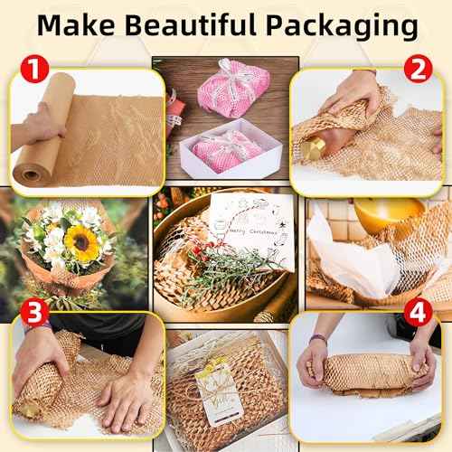 Honeycomb Packing Paper 15"x400' Roll with Fragile & Labeling Stickers, Gloves - Bubble Wrap for Moving,Products & Gifts Wrapping Paper, Recyclable & Biodegradable Cushioning Packing Material