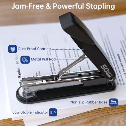 Jyumini Heavy Duty Metal Stapler Black, 50-Sheet Capacity with 2000 Staples & Remover