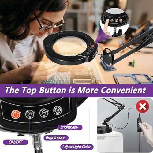 12X Magnifying Glass with Light and Stand, 5 Color Modes 10 Stepless Dimmable, Real Glass 84 LED Lighted Magnifying Glass with Swing Arm, Magnifying Lamp for Crafts Reading Painting Sewing Close Work