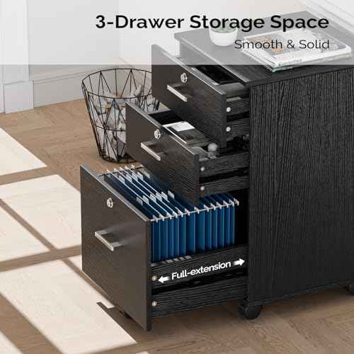 VINGLI 3-Drawer File Cabinet with Lock, Wood Rolling Filing Cabinets for Home Office, Mobile Printer Stand, Under Desk File Organizer for Letter Sized Files, 26" H(Caster Included), Black