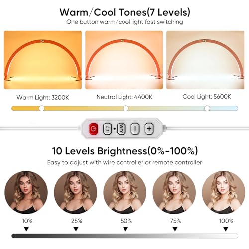 29in Half Moon Light for Desk, Led Nail Tech Lamp with Wire Controller & Remote, Table Lamp for Nails, Tattoo, Eyebrows, 7 Cool/Warm Tones & 10 Brightness
