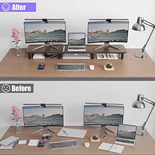 Dual Monitor Stand - 43.7 inch Extra Long Wide TV Stand - Wood & Steel Leg Desktop Riser - Desk Organization - Home Office (Vintage)