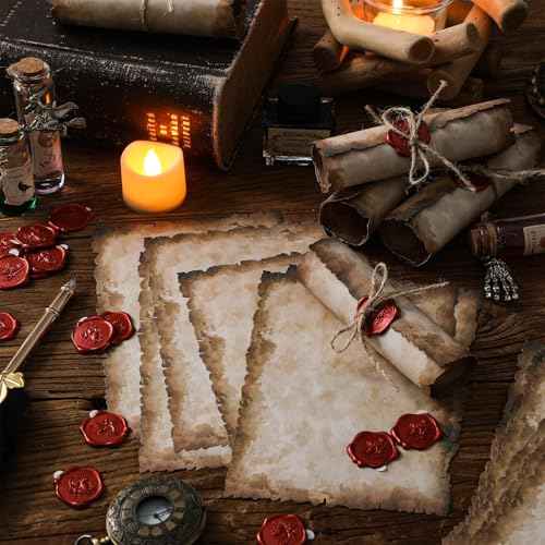 Vintage Writing Invitations Set Includes 100 Letter Antique Scroll Rustic Papers 100 Wax Seal Stickers 3 Strands of Twine for Valentines Mother Stationery Old Medieval Cardstock(8.5 x 11 Inch)