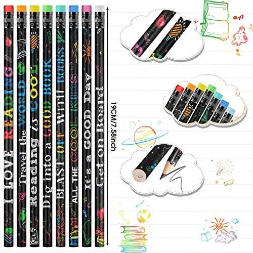 Pasimy 480 Pcs Reading Motivational Pencils Bulk Black Novelty Wooden Pencils with Eraser Classroom Inspirational Pen with Sayings for Kids Student Teacher School Reward Gifts Stationery Party