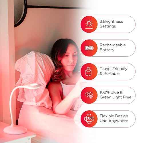 Mito Red Light - No Blue Light Lamp - Modern LED Rechargeable Table Lamp - Rechargable Desk Lamp - Bedside Touch Lamp - - Table Lamp for Whole House - No Flicker LED (633nm Red), White
