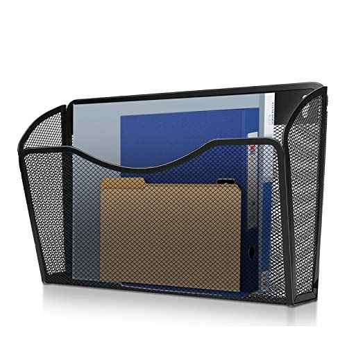 Flexzion Wall Folder File Letter Pocket Holder (6 Pack) Metal Mesh Desk Hanging Basket Box Bin Mail A4 Size Paper Document Organizer, Storage Rack Single Slot Wall Mount for Office School Home - Black