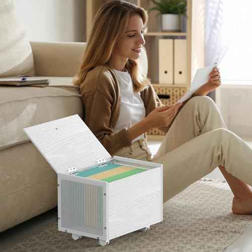 CADUKE File Cabinet on Wheels, Rolling File Organizer for Letter & Legal Size, White Small File Cabinet with Lid, Wooden Decorative File Box Under Desk for Home Office