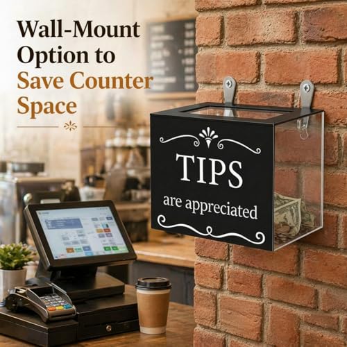Vesici Black Acrylic Tip Jar with Lid - Wall-Mounted or Counter Use, Standard Lid