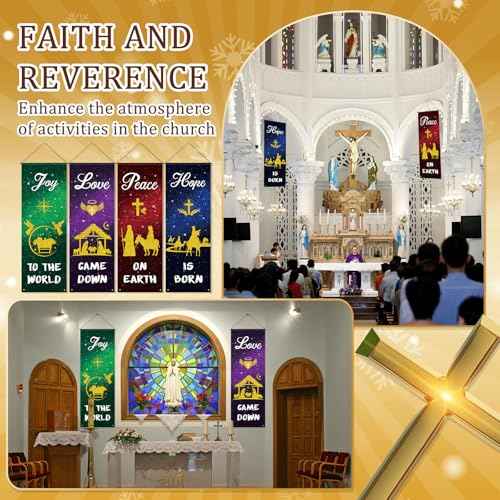 4 Pcs Church Banners, 2 x 6 Feet Nativity Scene Church Banners For Sanctuary Wall Christmas with Scripture Christian Hanging Signs for Holiday Nativity Decor