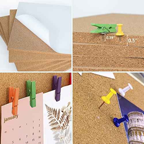 AKTOP Cork Board Bulletin Board 12x12, 1/2" Thick Cork Board Tiles 6 Pack, Small Square Pin Board for Wall, Self Adhesive Corkboards with 60 Push Pin Wood Clips for School, Home & Office