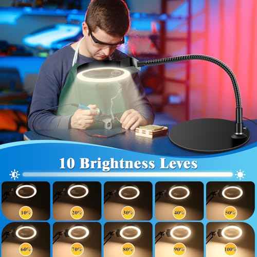 10X 30X Magnifying Glass with Light and Stand, 72 LED 3 Color Modes Stepless Dimmable, Hands Free Lighted Magnifier Desk Lamp for Close Work Craft Hobby Painting Sewing Jewelry Reading (Black)