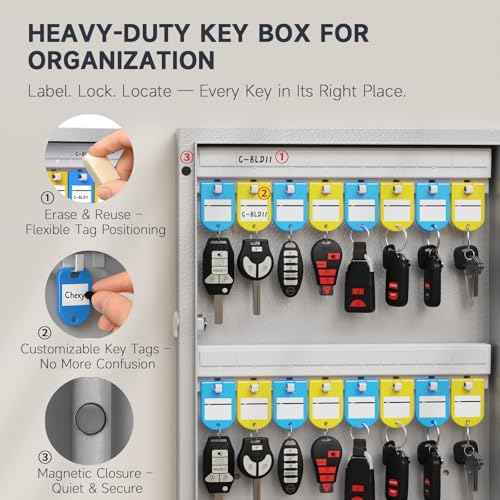 WeHere 48 Key Lock Box Wall Mount use Combination/Key Unlock, Key Cabinet with Key Label, App Key Directory ERP, Key Safe Security Storage Lockbox for Valets, Hotels, Car, House Keys