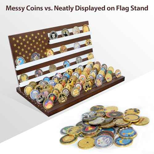 11 Rows American Flag Challenge Coin Display Holder Stand - Wooden Military Coin Holder for Desk - Holds 80-90 Coins - Ideal for Veterans, Collectors, and Patriots, Walnut
