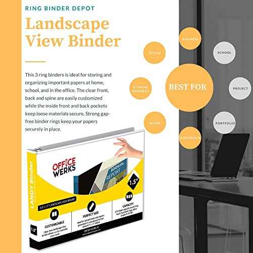 4 Pack of 8.5" X 11" Landscape View Binder, 3-Ring 1.5 Inch Capacity Round Ring, White Horizontal Formatted with Clear Cover Pockets for Documents, Spreadsheets, Projects and More