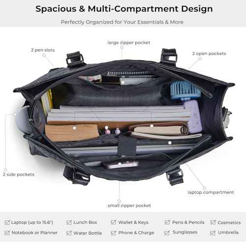 Laptop Tote Bag with Insulated Lunch Compartment for Women, PU Leather 15.6 Inch Work Bag, Elegant Computer Handbag, Versatile Business Tote for Office,Travel or Casual-Classic Black