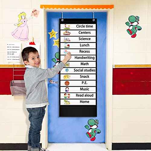 Daily Schedule Pocket Chart, 13+1 Pocket Visual Schedule Chart, 18 Double-Sided Blank Reusable Dry-Eraser Cards, Educational Schedule Charts for Classroom Homeschooling Toddlers-Black