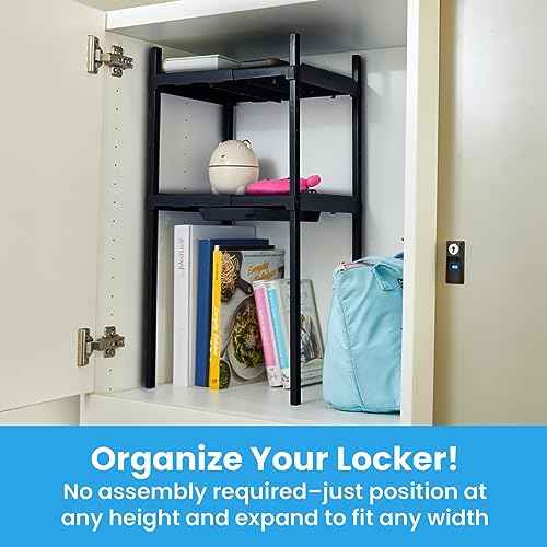 LockerMate Double Locker Shelf, Adjustable Width and Height to Fit Most School Lockers, Black
