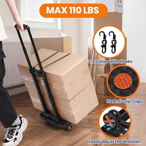 Folding Hand Truck, Dolly Cart with 4 Wheels & 2 Elastic Ropes, Adjustable Handle Foldable Dolly, Lightweight Portable Hand Cart for Luggage, Travel, Shopping, Moving, Airport, Office