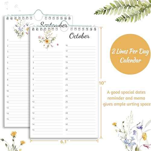 Perpetual Calendar ? Undated Calendar 12-Month for Birthday, Anniversaries, Important Days, Festivals Reminder, 6'' x 10'' with 2 Lines Per Days, Twin-wire Binding, Thicker Paper, Minimalist Flowers