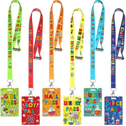 6 Pack Science Hall Passes Lanyards Unbreakable PVC Hall Pass Set with 34 Inch Lanyards for Classroom Elementary Middle School Restroom Library Office Teacher Management Supplies