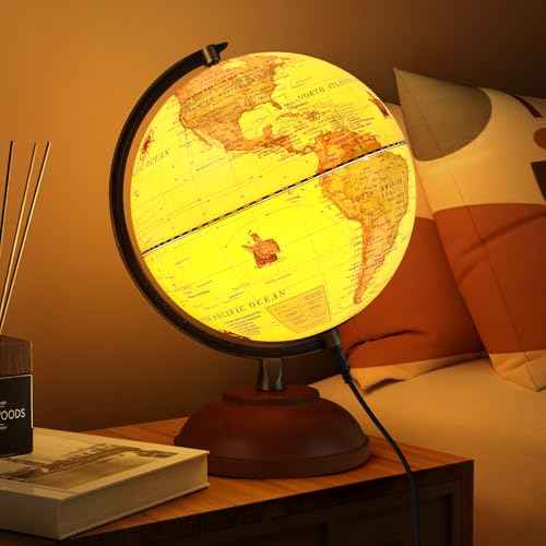 Illuminated Globe of the World with Wooden Stand, 8'' Vintage World Globe Built in LED Night Light for Kids&Adults' Geography Learning, Decor for Home Office Classroom