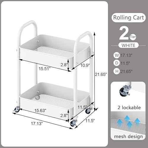 2 Tier All-Metal Rolling Cart, Rolling Storage Cart with Handle and Locking Wheels Kitchen Cart Laundry Office Bathroom Storage Organizer Cart, White