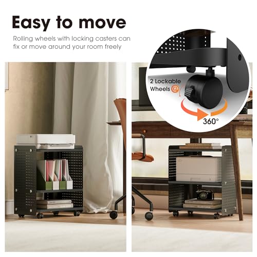 Fenge 3D Printer Stand, Heavy Duty Pegboard Storage Organizer with Adjustable Shelf, 22x18 Inch Rolling Printer Cart with Wheels, 3 Tier Home Office Stand