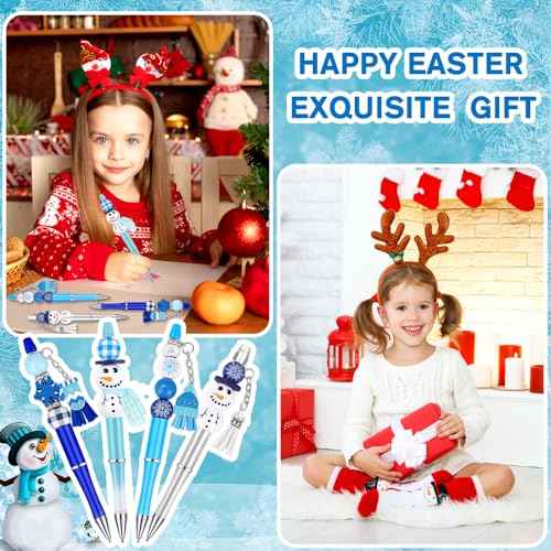 12 Set Christmas Beadable Pens Plastic Bead Pens Winter Snowman Blue Bulk Ballpoint DIY Crafting Pens Making Kit with Pendants Lobster Clasps for Students Teens School Office Supplies