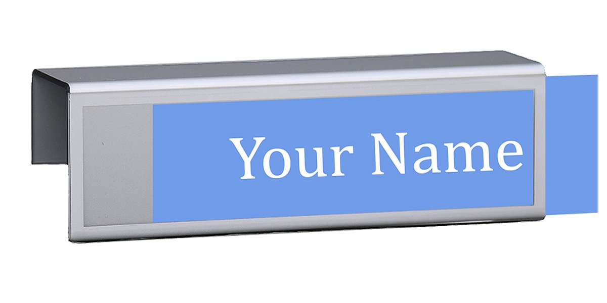 Plastic Products Mfg – 8.5 x 2.5 Bordered Cubicle Name Plate Holder 2" Hook – Single-Sided Desk Name Plate Holder for Cubicle Wall Office Display with Silver Border (2 pack)