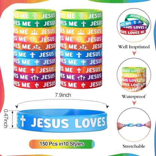 150 Pcs Jesus Loves Me Wristbands Bulk 10 Styles Rainbow Religious Silicone Bracelets Christian Cross Silicone Wristbands Gift for Bible School Church Group