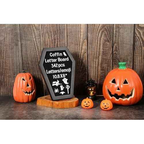 Coffin Felt Letter Board with 342 Changeable Letters&Numbers, 10.8¡±x8¡± Spooky Letterboard Gothic Message Board Letter Sign Board with Stand and Canvas bag for Halloween Party Christmas