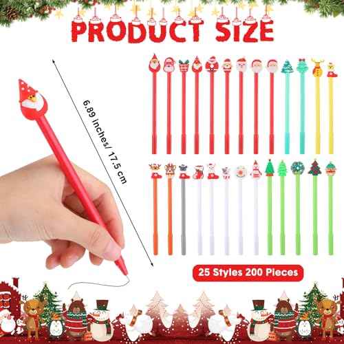 Fulmoon 200 Pcs Christmas Gel Ink Pens Cartoon Novelty Christmas Rollerball Pens Bulk Fun Snowman Christmas Tree Elk Santa Claus Xmas Party Favor for Adults Office, 25 Styles