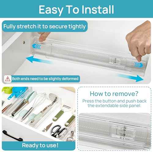 Vtopmart 4 Pack Shallow Drawer Dividers, 2.36" High 12.67"-21.14" Adjustable Expandable Kitchen Drawer Organizer, Clear Plastic Organizer Separators for Flatware, Utensil, Cutlery, Underwear, Clothes