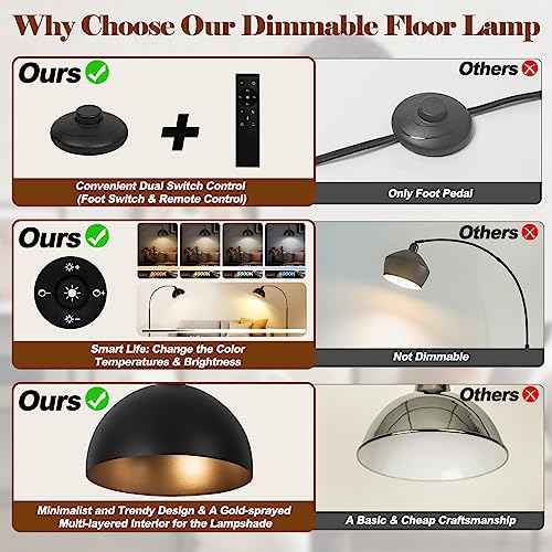 ¡¼Upgraded¡½Black Arc Floor Lamps for Living Room - Dimmable Arched Floor Lamp with Remote Control & 2700-6000K 9W LED Bulb Included, Modern Arch Standing lamp, Industrial Tall Lamp for Bedroom Reading
