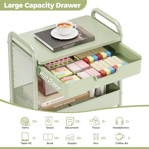 KINGBOARD 3 Tier Metal Rolling Cart with Drawer (Green) – Utility Storage Cart