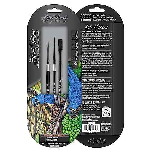 Silver Brush Limited WC-3208S Black Velvet Variety Set, Professional Premium Artist Paintbrushes for Watercolor, Gouache, Inks, & Dyes, Set of 3, Round, Script Liner, & Flat Wash Brushes, Short Handle