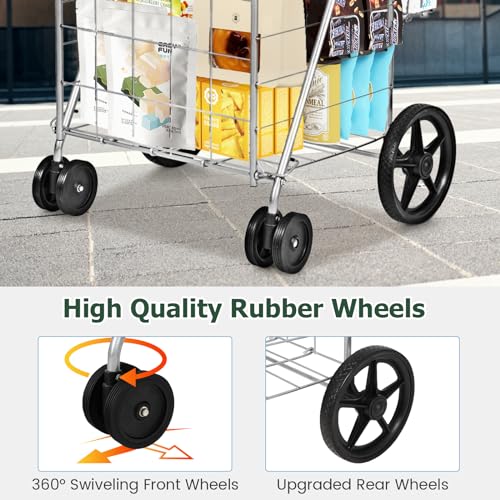 Byroce Folding Shopping Cart, Jumbo Grocery Cart on Wheels w/Double Basket, Portable Handle & Rolling Swivel Wheels, Heavy Duty Utility Cart for Groceries Laundry Book Travel Luggage (Silver)