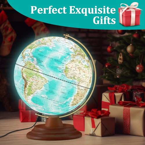 Illuminated Globe of the World with Wooden Stand, 8'' World Globe for Kids & Adults' Learning Built-in LED Night Light, Home Office Classroom Decor Geography Gifts(Elegant Turquoise)