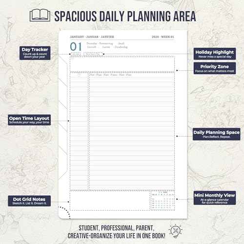 Daily Planner 2026 with One Page Per Day,(A5-8.5" x 5.9"),12 Months Calendar Hourly Appointment Book Monthly Tabs&Self-adhesive Pen Holder,Inner Pocket,3D Designed Flower Cover,Green