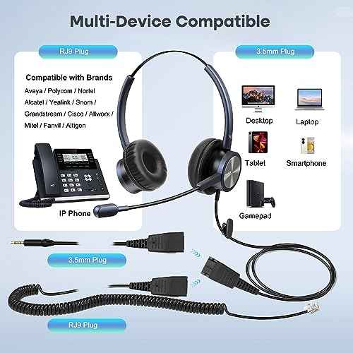 MAIRDI Telephone Headset with Microphone Noise Canceling, Binaural with RJ9 Jack & 3.5mm Connector for Office Call Center Deskphone Cell Phone PC Laptop, Work for Cisco 7941 7965 6941 7861 8811 8961
