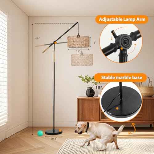 Arc Boho Floor Lamp: 68" Rattan Tall Lamps with Remote and APP Control - Standing Black Floor Lampara with Dimmable LED Bulb for Living Room, Bedroom, Office and Nursery