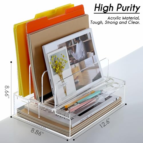 DINGHUO Desk Organizers and Accessories, Acrylic File Folder Rack with 3 Vertical File Holder, Letter Size Paper Tray Office Supplies Storage for Home Office, -1 Pack