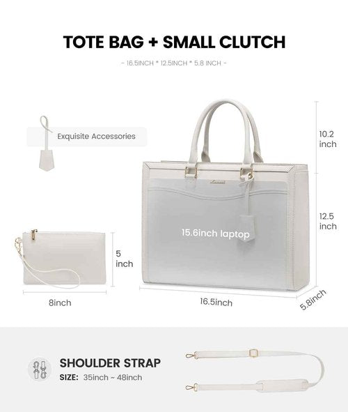 LOVEVOOK Laptop Tote Bag for Women, Leather Office Work Bag Briefcase fit for 15.6 inch Laptop, Large Teacher Computer Bag Handbag,2pcs Set Leather/Beige